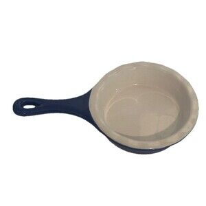 Mini Stoneware Skillet Baking Dish Blue White Ramekin Handle Oven Safe 5" Dia